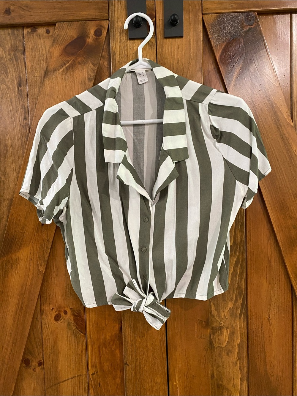 Streetwear Society Olive & White Vertical Stripe Tie-Front Button Shirt